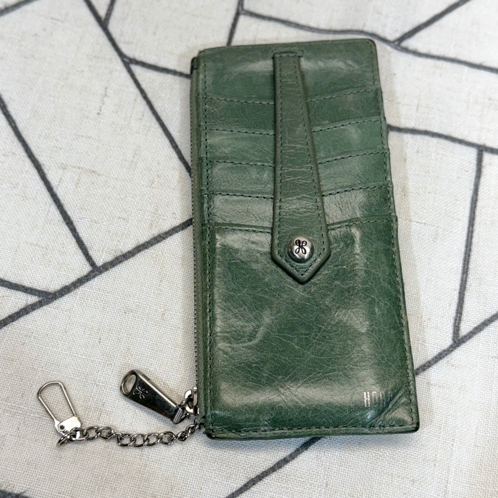 HOBO Euro Slide Card Case Wallet OS Green Leather Slim Zipper Keychain